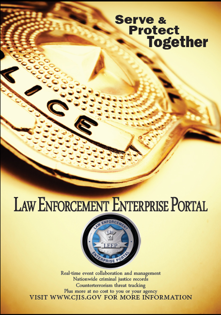 Law Enforcement Enterprise Portal (LEEP) Flyer with Gold Police Badge