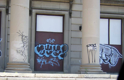 A Cincinnati, Ohio building with gang graffiti