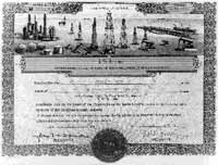 Reduced image of an oil stock certificate that features genuine signatures of the oil company officers.