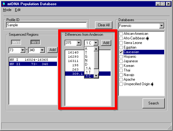 FIGURE 1:  Snapshot image of the search screen, used to enter a target profile and to select and search dataset(s) for sequences matching that profile. 