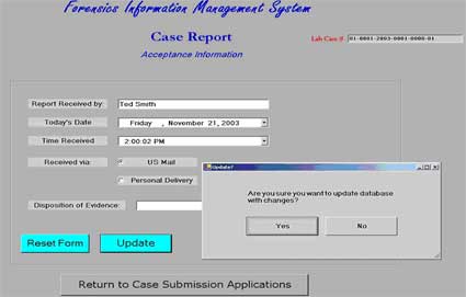 Figure 8 is a screen of the Forensic Information Management System case reporting function.