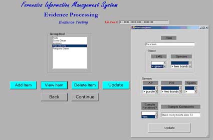 Figure 11 is a screen of the Forensic Information Management System evidence processing function.