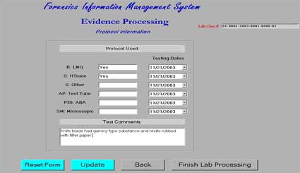 Figure 12 is a screen of the Forensic Information Management System evidence processing function.