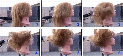 Figure 19 is a sequence of photographs showing the movement of a mannequin's loose, hanging hair as a bullet is fired through the hair.