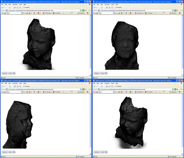 Figure 6 shows screen shots of the 3-D wire-framed surface of a face generated using the Geometrix FaceVision software and viewed in Internet Explorer with the Viewpoint Media Player plug-in. 