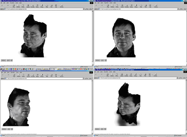 Figure 7 shows screen shots of the texture-mapped 3-D surface of a face generated using the Geometrix FaceVision software and viewed in Internet Explorer with the Viewpoint Media Player plug-in. 