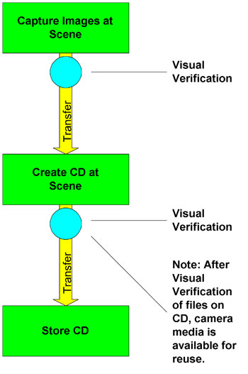 Figure 2 depicts a work-flow diagram for digital photos taken at a scene and stored on CD as described in Example 1.