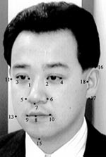 Photo showing anthropometrical points on a 3D facial image. Sixteen anthropometrical points are used in this experimental study. The 16 points on this image are numbered, and a key is provided.