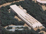 An artist's rendering of a long building in a wooded area.