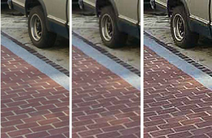 Figure 3 is a series of three side-by-side photographs of the same car wheel. The left photograph is the original; the middle has lost some clarity; the right has lost even more clarity with many artifacts introduced.