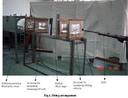 Figure 1 is a diagram of the test configuration with the rifle on the right, then two sheets of aluminum foil connected to a timer, a glass plate, two more sheets of aluminum foil connected to another timer, then a collection tank.