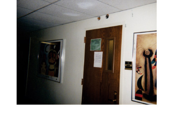 This top-middle image is of a door in a hallway, with two paintings hanging on each side of the door. The left side of the hallway is dark.