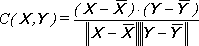  Correlation between two vectors X and Y is equal to inner product between X minus average value of X and Y minus average value of Y, divided by multiplication of magnitudes of vectors X minus average value of X and Y minus average value of Y. 