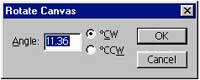 Rotate canvas dialog box (screen) in Adobe Photoshop 5.5, which provides the misalignment angle measure in degrees distinguished as clockwise (CW) or counter-clockwise (CCW).