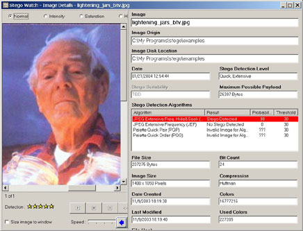 Figure 12 shows information from  Stego Watch about a JPEG file suspected to be a steganography carrier.