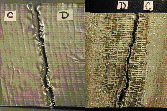 Figure 4 shows Test Set 1C, a torn duct tape end match viewed from the backing (left) and adhesive (right) sides. Note: In the photograph on the right, the adhesive is partially removed to expose the fabric reinforcement. (The association between pieces designated as C and D is coincidental. The tape pieces were labeled alphabetically at random).