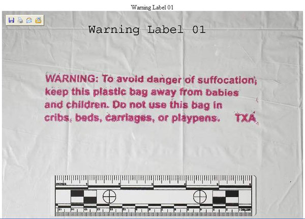 A screen shot showing a plastic bag&rsquo;s warning label, reminding users to keep the bag away from children to avoid suffocation