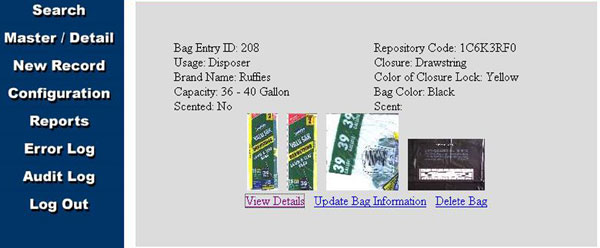 Figure 7: The results of the search conducted using the characteristics entered into the PRIDE and displayed in Figure 5. The details of the bag, as well as images of the product, are displayed on the screen. This bag is a Ruffies 39-gallon lawn and leaf bag with a drawstring closure.