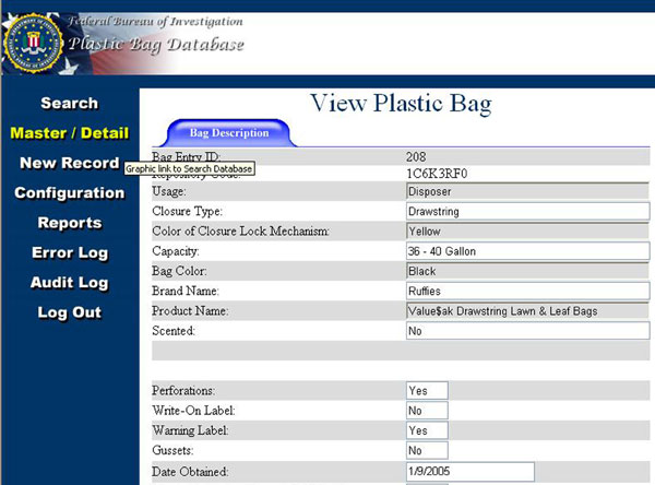 Figure 8: A screen shot of the basic physical characteristics&mdash;including size, color, and type&mdash;of the plastic bag returned in the search conducted using the information shown in Figure 5