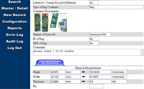 Figure 9: A screen shot showing more specific details, including actual measurements, and a photograph of the bag 