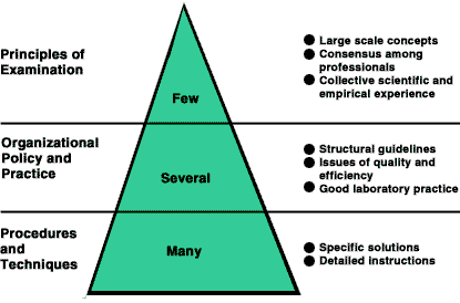 Hierarchical model for how to develop guidelines for computer evidence: principles of examination (few); organizational policy and practice (several); and procedures and techniques (many). Bulleted items expand on the three levels, which are illustrated by a triangle.
