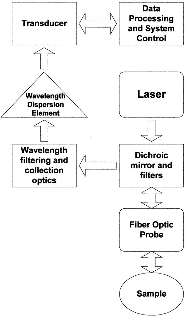 Enlarged image of Figure 3. Portable Raman systems typically align the laser to be coaxial with the collection axis. In this 180-degree back-scattering configuration, the laser and collection alignment can be maintained regardless of sample position or intervening optics (such as a window or cell wall).