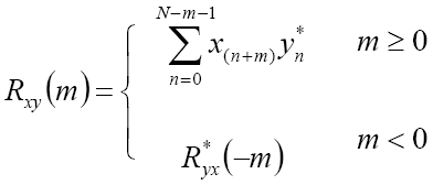 Equation 1: The waveform cross-correlation formula for audio files x and y, each having a sample length of N and a time displacement of m, is equal to the summation of the products of the sample values of x and y for a displacement of zero through a displacement of N minus m minus 1, for m equal to or greater than zero. For m less than zero, the displacement is from zero through N plus m minus 1. The cross-correlation values are then normalized such that the maximum possible correlation is equal to 1 when the two audio files are identical.