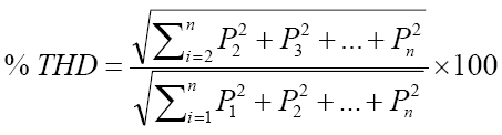Equation 2: For total harmonic distortion, the original signal is identified as P subscript 1, and its harmonics are P subscript 2, P subscript 3, P subscript 4, and so on, up to P subscript n, with the numbered subscripts referring to the harmonic number. The total harmonic distortion percentage is equal to the square root of the squared sums of the harmonics (from 2 through n), divided by the square root of the squared sums of P subscript 1 and the harmonics (from 2 through n), with the result multiplied by 100.